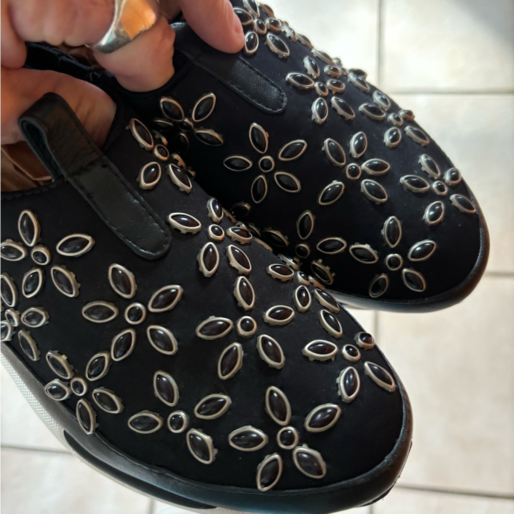 Stylish Black Slip-On Shoes With Silver - Gold Accents